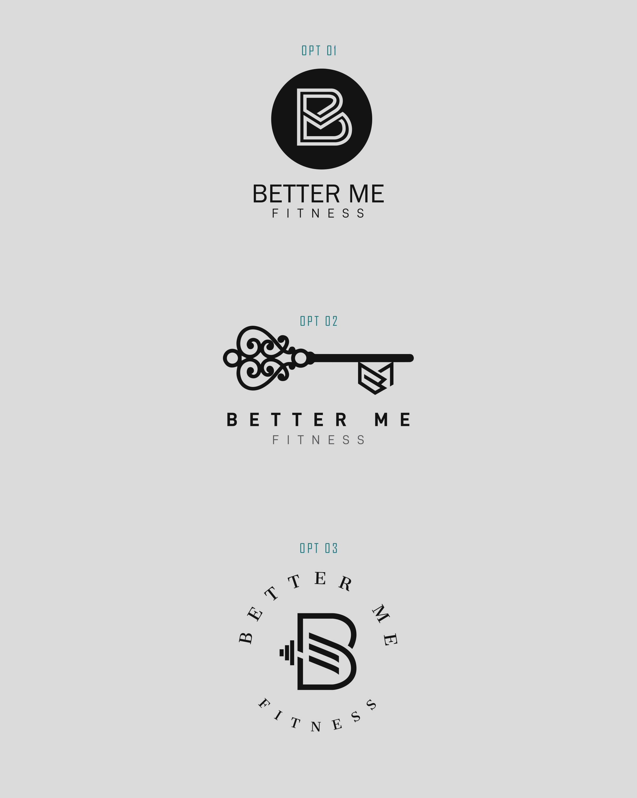 Better Me Fitness logo sheet showing initial design directions with modern typography and icon concepts