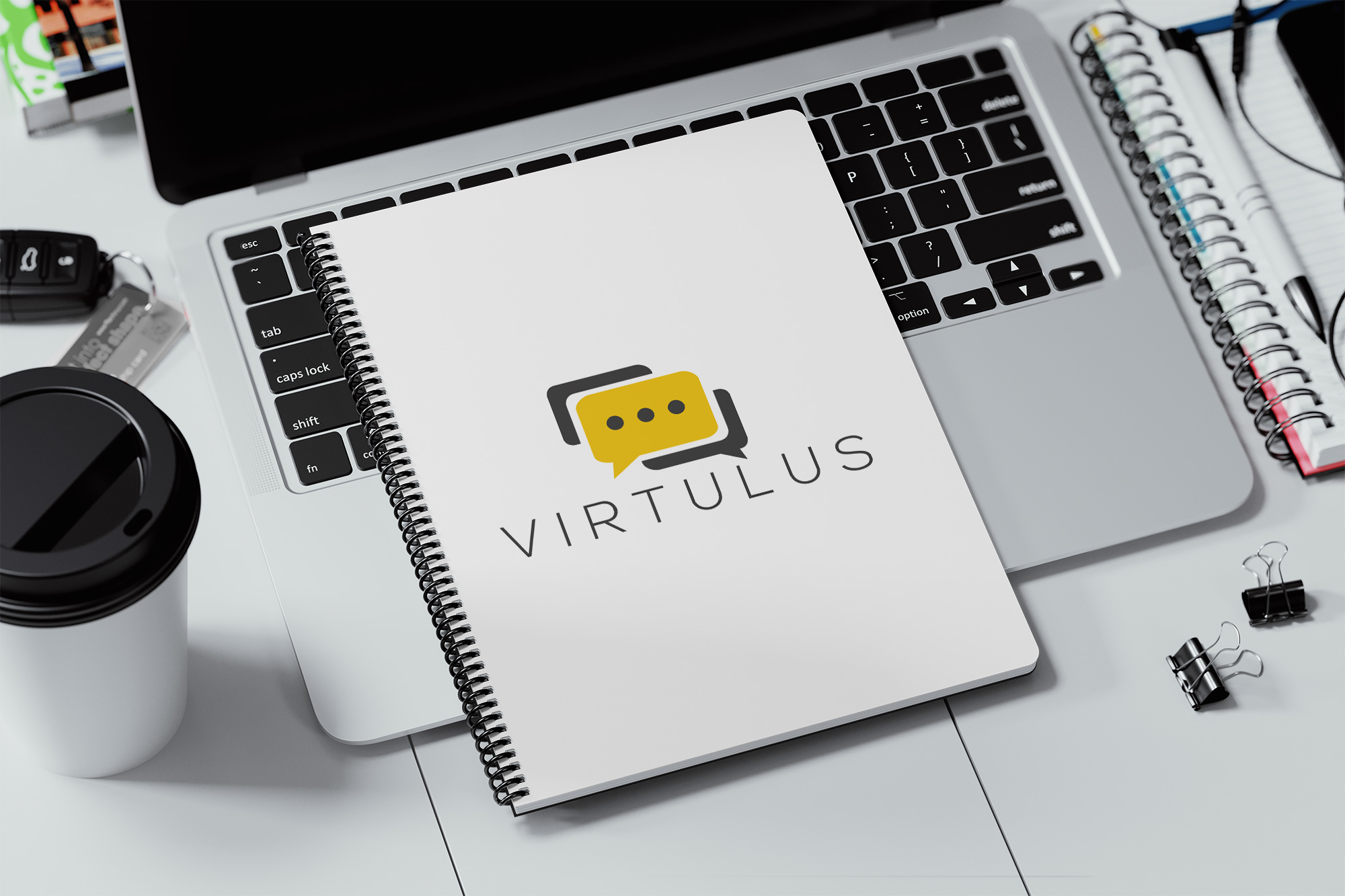 Virtulus logo application on a spiral notebook