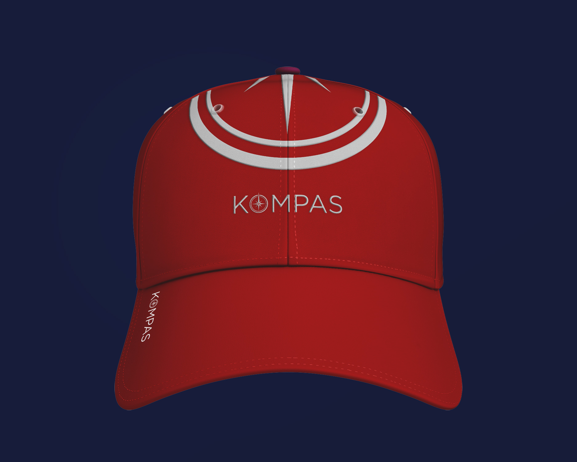 Kompass rebranding logo embroidered on baseball cap mockup