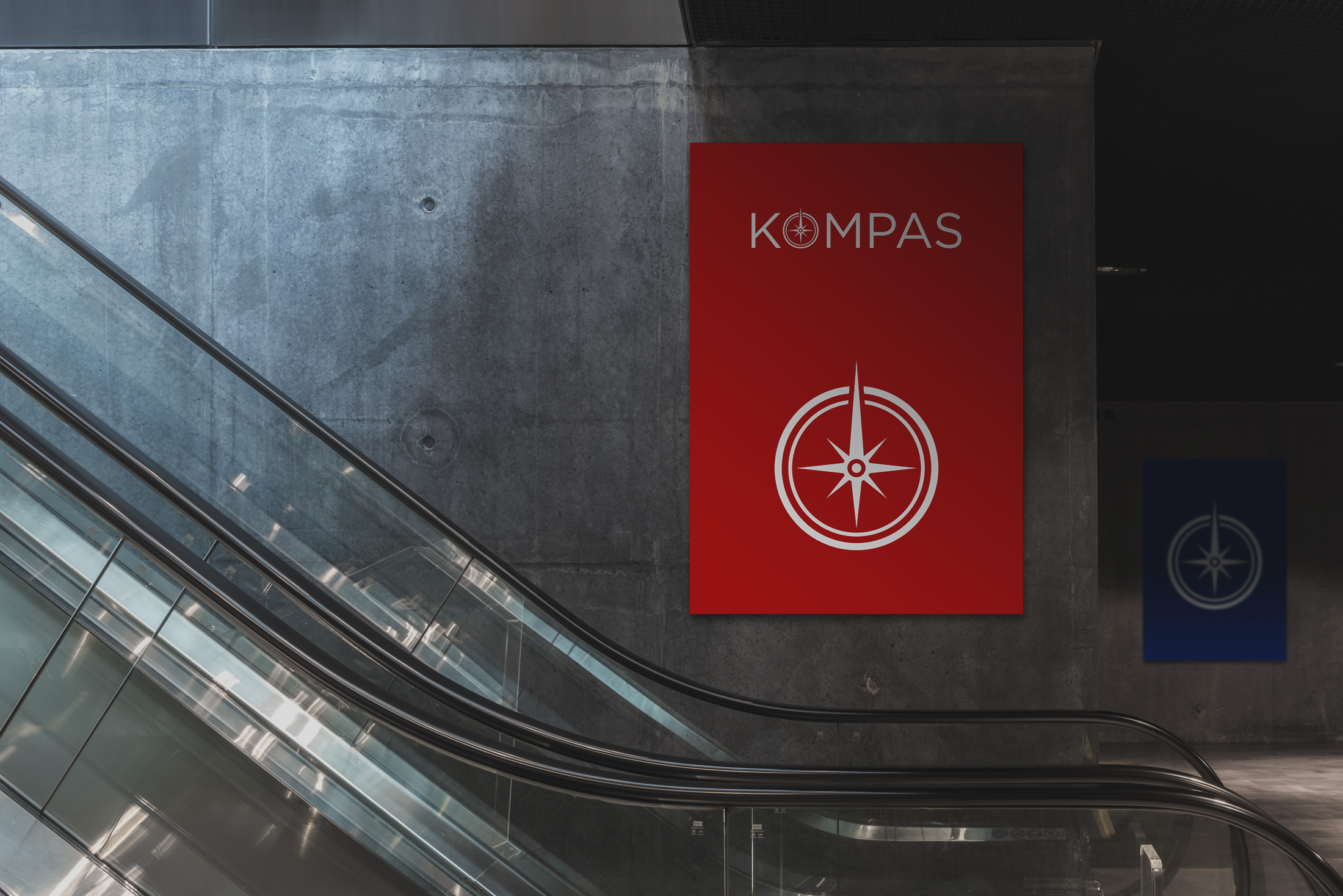Kompass rebranding logo on poster and billboard mockups