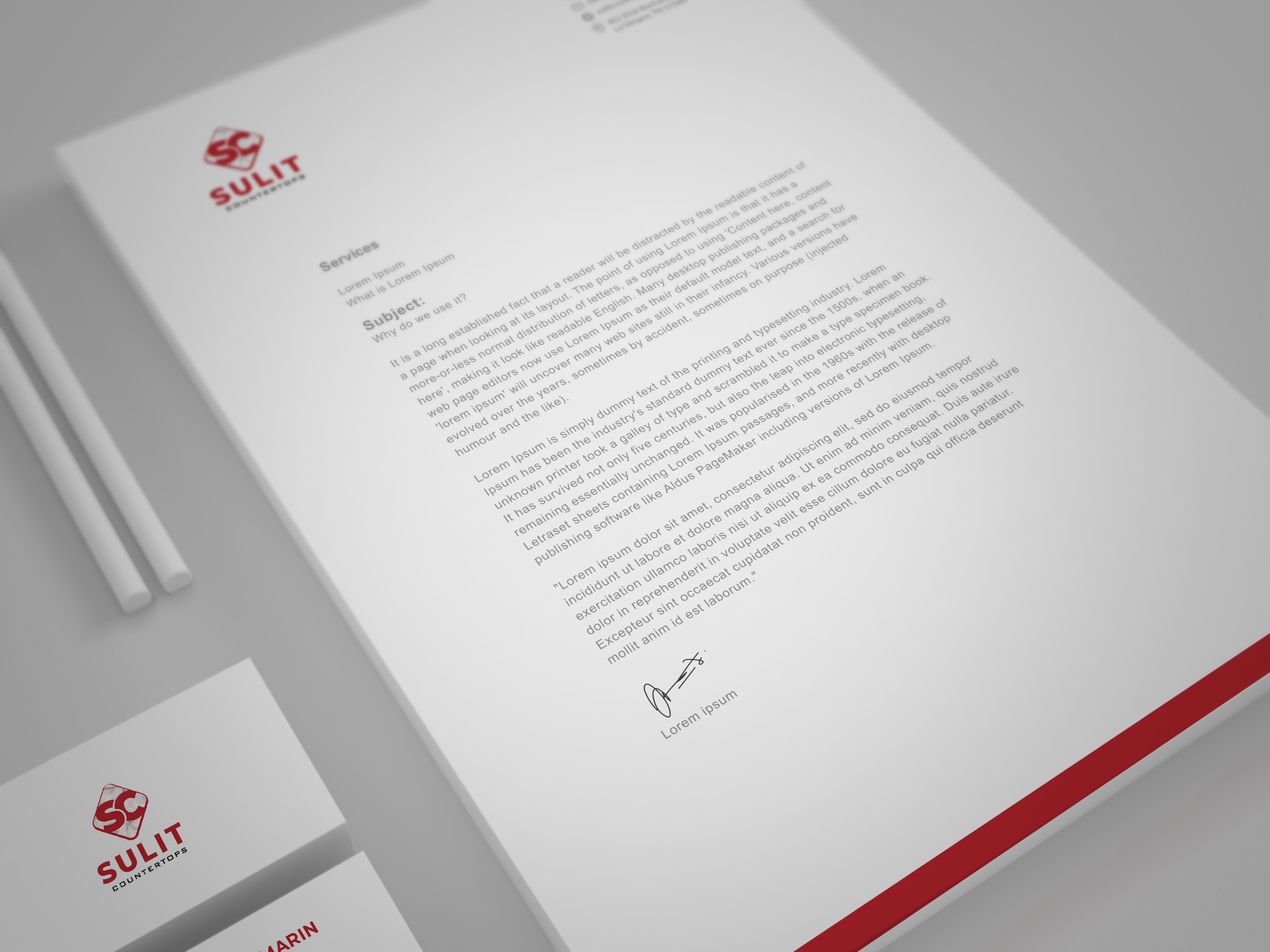 Sulit Countertops branding elements including material swatches and print applications