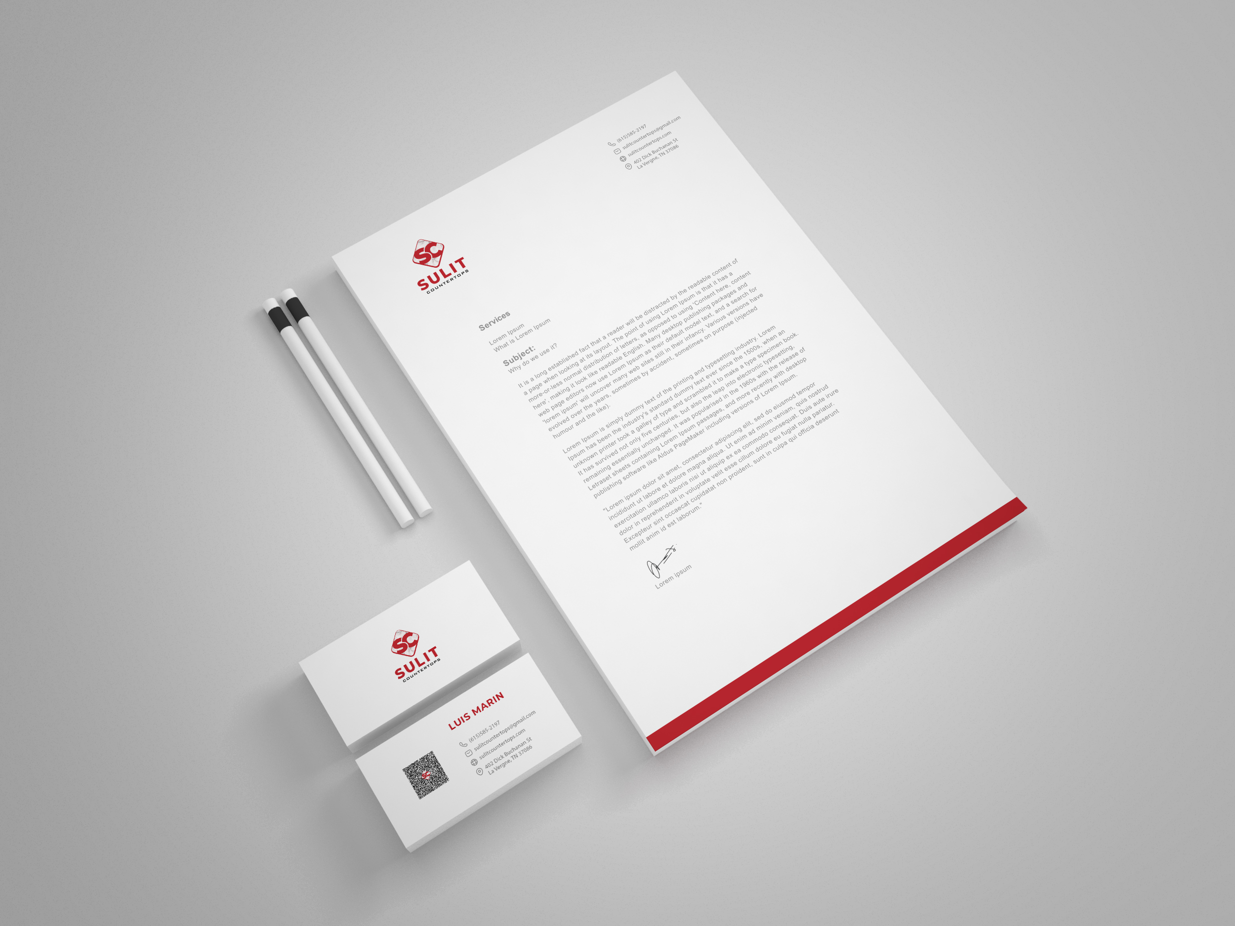 Sulit Countertops visual identity showing branded packaging and environment design