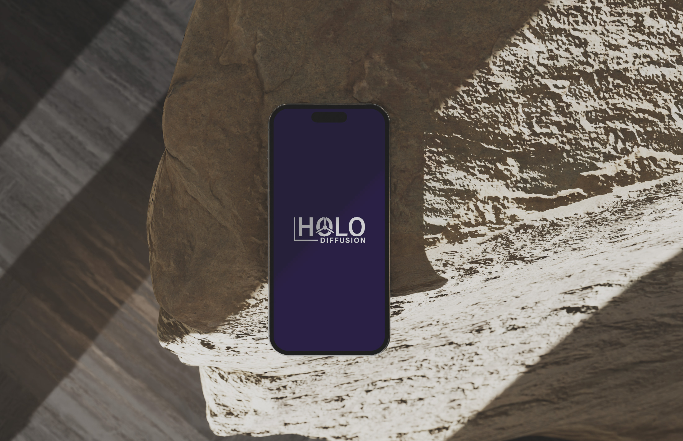 HoloDiffusion minimal logo design iPhone mockup