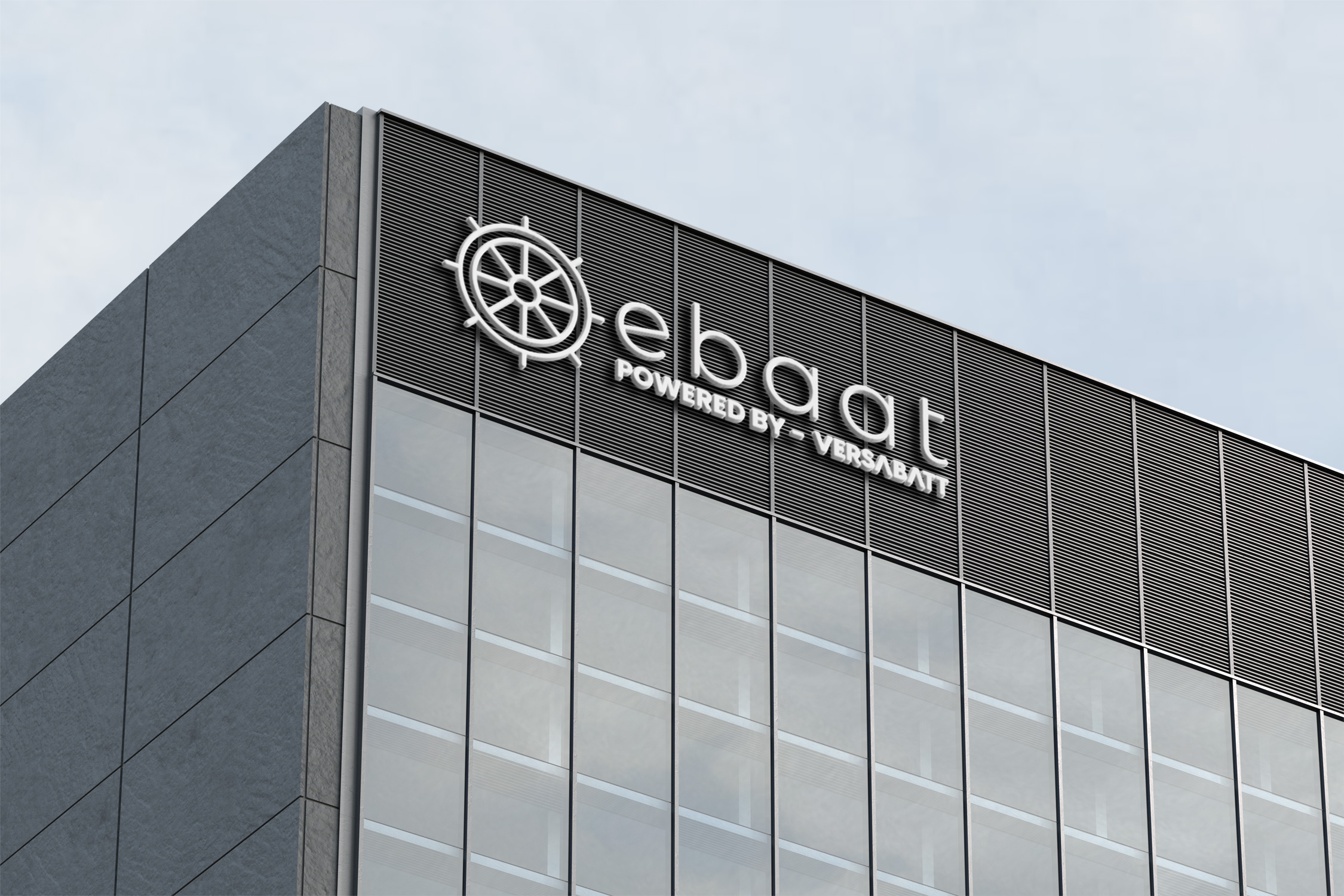 Logo mockup on building sign for ebaat and Versabatt