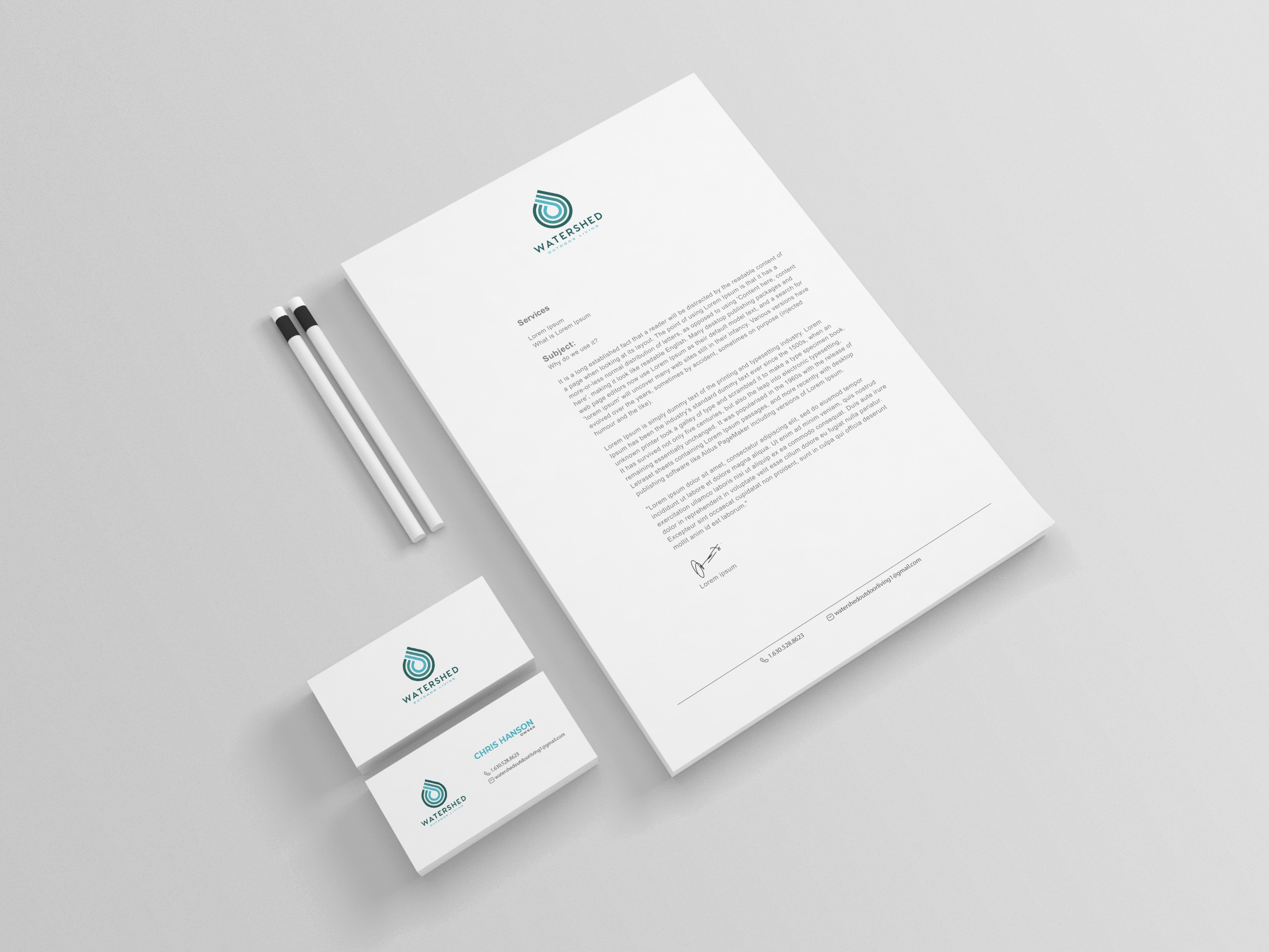 Watershed Outdoor Living brand sheet showing logo, color palette, and typography